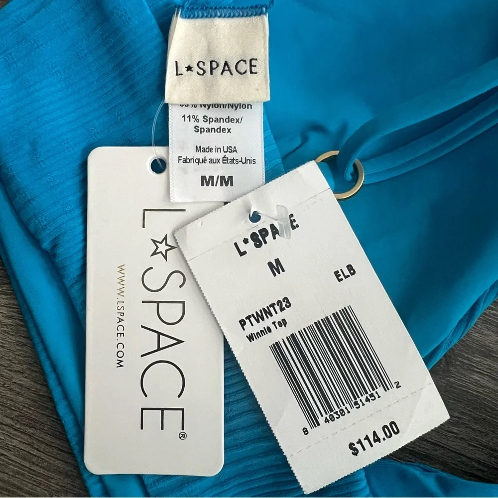 L*SPACE Winnie Bikini Top Medium Electric Blue Ribbed Tropical Swimwear Beachy